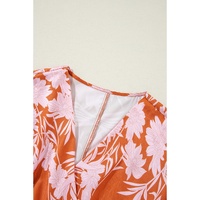 Brown Floral Puff Sleeve Smocked Waist Layered Dress - L thumbnail