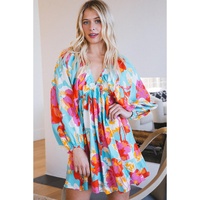 Sky Blue Floral Bracelet Sleeve Empire Waist Mini Dress - L thumbnail
