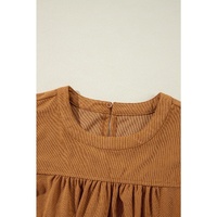 Desert Gold Corduroy Pleated Puff Sleeve Shift Short Dress - L thumbnail