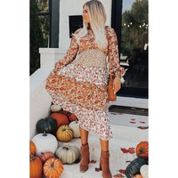 Khaki Floral Print Ruffled Tiered Long Sleeve V Neck Midi Dress - L thumbnail