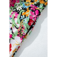 Green Floral Puff Sleeve V Neck Tassel Drawstring Dress - L thumbnail