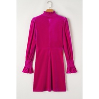 Rose Red Smocked Mock Neck Ruffled Puff Sleeve Velvet Mini Dress - XL thumbnail