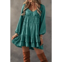 Mist Green Tiered Ruffled Puff Sleeve Loose Fit Mini Dress - M thumbnail