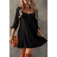 Black Lace Crochet Buttoned Square Neck Shift Mini Dress - XL thumbnail