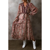 Brown Floral Print Split Front Tiered Frilled V Neck Midi Dress - L thumbnail