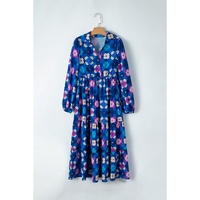 Blue Floral Peasant Sleeve Tiered Ruffle Midi Dress - L thumbnail