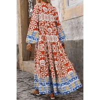 Orange Boho Geometric Printed Long Sleeve Maxi Dress - L thumbnail