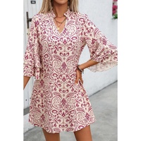 Pink Paisley Print Tiered 3/4 Sleeve Notched Neck Mini Dress - L thumbnail