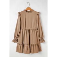 Light French Beige Frilled Collar Ruffled Shoulder Tiered Dress - L thumbnail