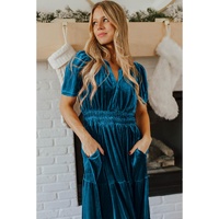 Prussian Blue Velvet Short Sleeve Shirred Waist Tiered Maxi Dress - XL thumbnail