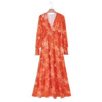 Orange Boho Floral Bishop Sleeve V Neck Tiered Maxi Dress - S thumbnail