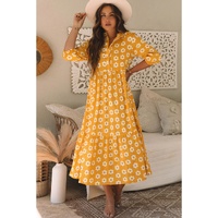 Yellow Flower Print Bracelet Sleeve Buttons Collared Maxi Dress - S thumbnail