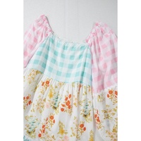 Pink Ric Rac Plaid Floral Print Patchwork Bubble Sleeve Dress - L thumbnail