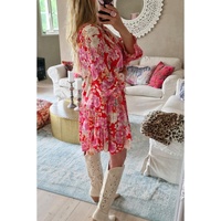 Red Floral Print High Waist V Neck Babydoll Mini Dress - L thumbnail