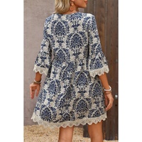Sky Blue Vintage Printed Lace Trim V Neck 3/4 Sleeve Loose Dress - S thumbnail