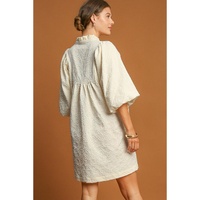 White Floral Textured Bubble Sleeve Frilled Notched Neck Dress - L thumbnail