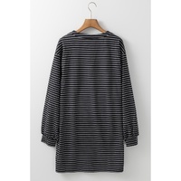 Black Striped V Neck Long Puff Sleeve Shift Dress - S thumbnail