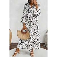 White Leopard Print Notch V Neck Loose Fit Maxi Dress - S thumbnail