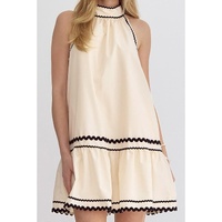 Khaki Stripe Ric Rac Trim Halter A-line Sleeveless Mini Dress - L thumbnail