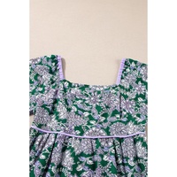 Green Floral Print Piping Trim Bubble Sleeve Square Neck Dress - M thumbnail