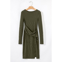 Jungle Green Ribbed Side Slit Ruched Slim Fit Long Sleeve Mini Dress - L thumbnail
