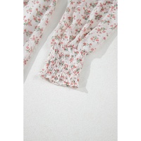 White Floral Print Shirred Ruffled Hem Square Neck Midi Dress - L thumbnail