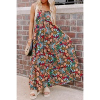 Black Boho Floral Print Thin Straps Sleeveless High Waist Maxi Dress - XL thumbnail
