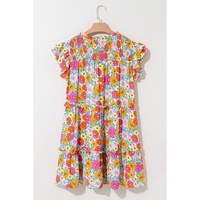 Sky Blue Floral Print Smocked Notch V Neck Flutter Sleeve Mini Dress - S thumbnail