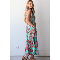 Green Abstract Print Smocked Bodice Knotted Straps Ruffled Maxi Dress - L thumbnail