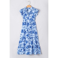 Sky Blue Floral Print Tiered Frilled Trim Flutter Sleeve Maxi Dress - S thumbnail