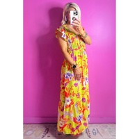 Yellow Cheetah Plant Print Shirred Button V Neck Maxi Dress - L thumbnail