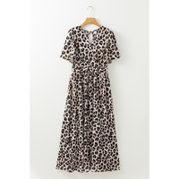 Khaki Leopard V Neck Cinched High Waist Open Back Maxi Dress - L thumbnail