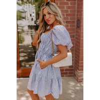 Sky Blue Stripe Bubble Sleeve Square Neck Ruched Pocketed Babydoll Dress - S thumbnail