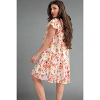 Apricot Floral Geometric Print Ruffled Trim Flutter Sleeve Mini Dress - L thumbnail