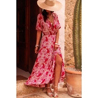 Red Paisley Print Side Slit Puff Sleeve High Waist Maxi Dress - L thumbnail