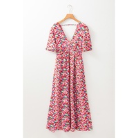 Red Floral Half Sleeve Deep V Neck Cutout Back Split Maxi Dress - L thumbnail