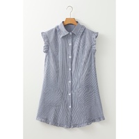 Blue Stripe Frilled Sleeveless Collar Front Pocket Button Up Mini Dress - S thumbnail
