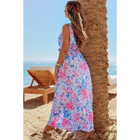 Sky Blue Floral Printed Sleeveless O Neck Knot Waist Maxi Dress - L thumbnail