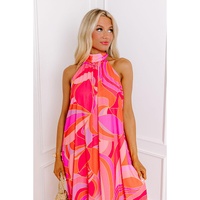 Rose Abstract Printed High Neck Knotted Nape Sleeveless Maxi Dress - L thumbnail