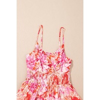 Red Floral Spaghetti Strap Surplice Neck Shirred Waist Mini Dress - L thumbnail