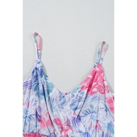 Sky Blue Floral Spaghetti Strap Surplice Neck Shirred Waist Mini Dress - S thumbnail