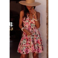 Pink Floral Sleeveless Halter Neck Shirred Back Ruffled Mini Dress - L thumbnail