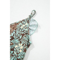 Green Floral Print V Neck Ruffled Trim Backless Tassel Waist Maxi Dress - L thumbnail