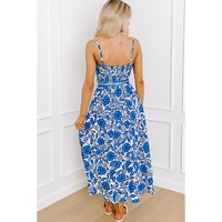Blue Floral Printed Spaghetti Strap Maxi Dress with Waist Tie - M thumbnail