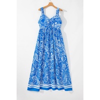 Blue Paisley V Neck Crisscross Backless Maxi Dress - L thumbnail
