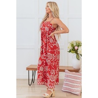 Red Floral Printed Spaghetti Strap Empire Waist Maxi Dress - L thumbnail