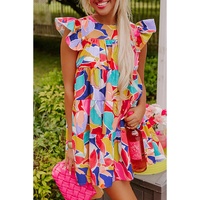 Pink Abstract Printed Ruffled Flutter Sleeve Tiered Mini Dress - L thumbnail