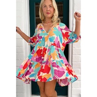 Rose Red Floral Bubble Sleeve V Neck Tiered Ruffle Babydoll Dress - XL thumbnail