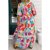 Rose Red Floral Knot Puff Sleeve V Neck Buttoned Front Split Lace Maxi Dress - XL thumbnail