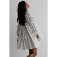 White Stripe Checkered Frilled V Neck Bracelet Sleeve Babydoll Dress - M thumbnail